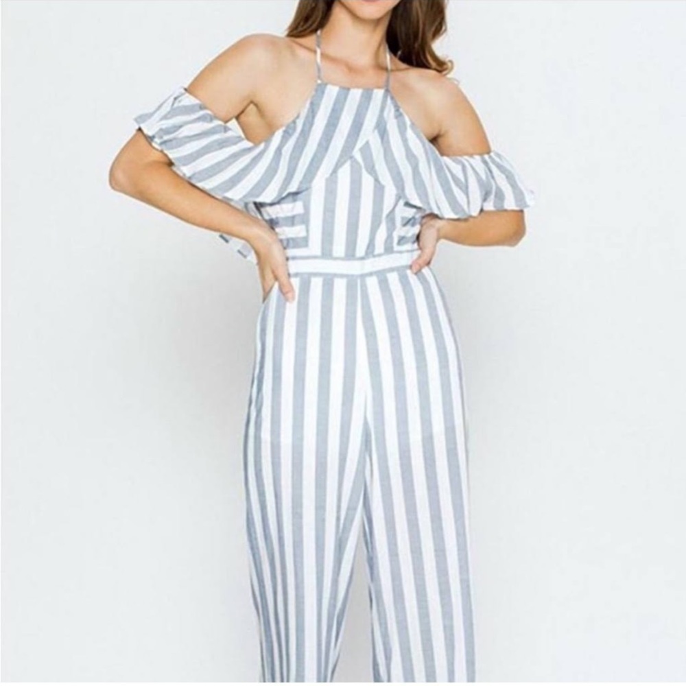 Jealous Tomato Striped linen/ cotton OPEN SHOULDER ruffled wide leg jumpsuit